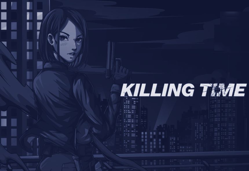 Killing Time key art: a woman with a pistol on a rooftop above the city at night