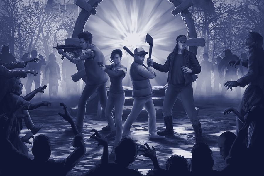 Orbiz key art: four teenagers fighting off zombies in front of a glowing portal